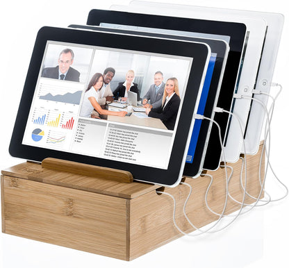 Wooden Charging Station Organizer - 5-Port Base for Phones, Tablets and Laptops - Multi-Device Docking Station with Removable Divider Slots - Cord Box with Cable Management - Bamboo