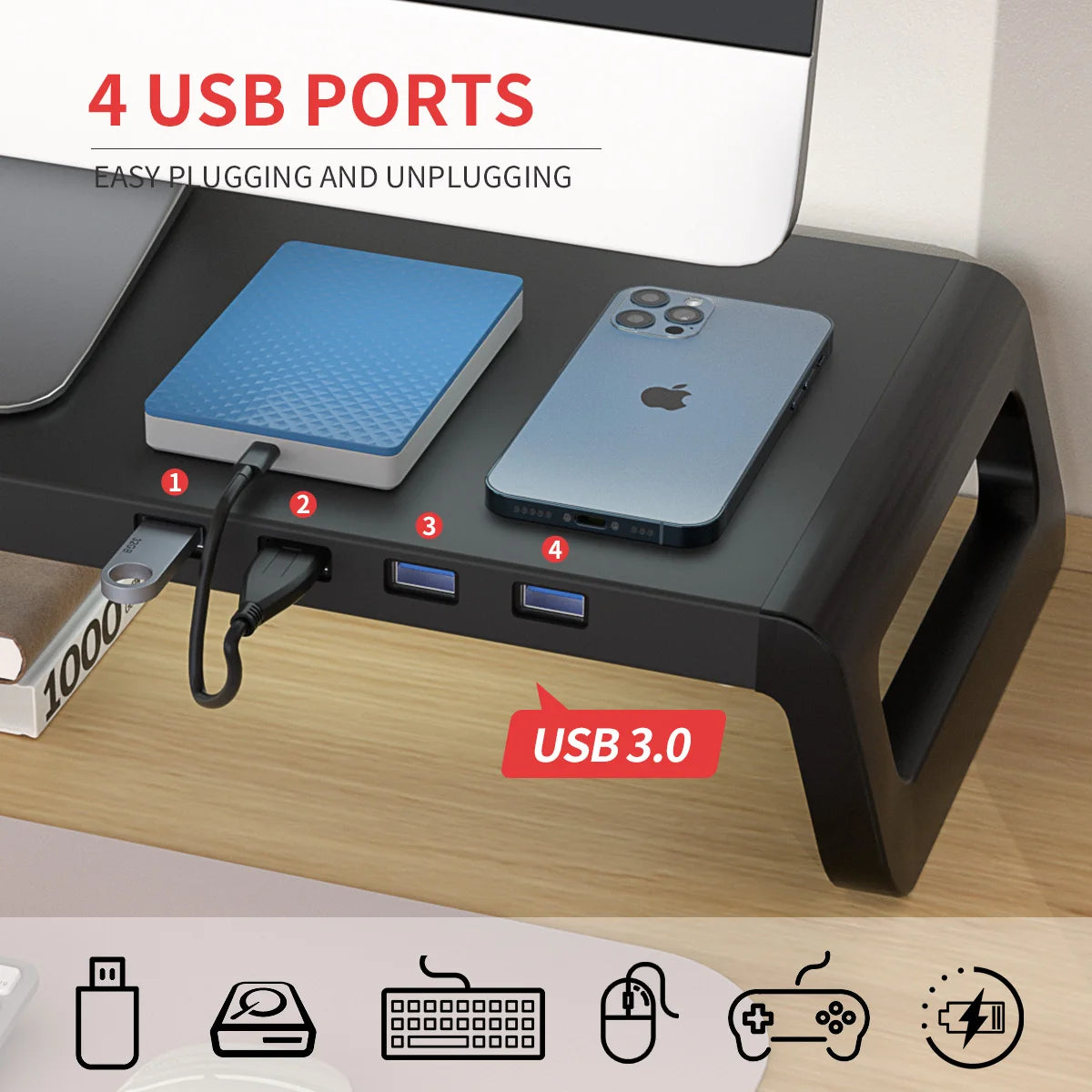 Monitor Stand Desk Monitor Stand Riser with USB 3.0 Hub Lightweight Sturdy Aluminium ABS Material Monitor Desk Shelf