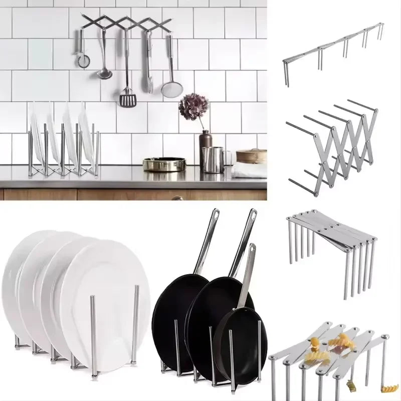 1Pc Pot Lid Rack Pan Lid Organizer Retractable Foldable Stainless Steel Plate Holder Shelf Tableware Storage Kitchen Gadgets