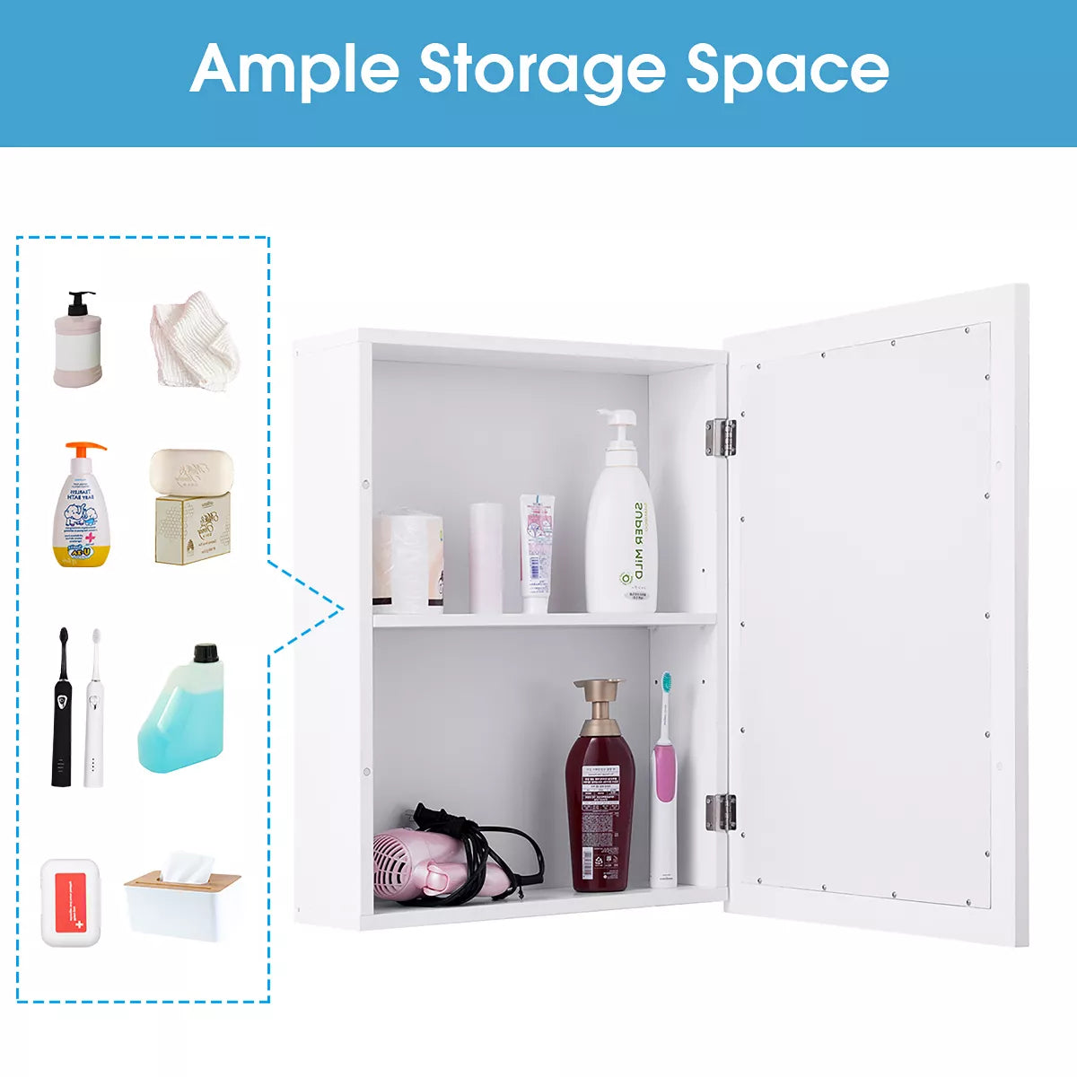 Costway room Mirror Cabinet Wall Mounted Kitchen Medicine Storage Adjustable Shelf