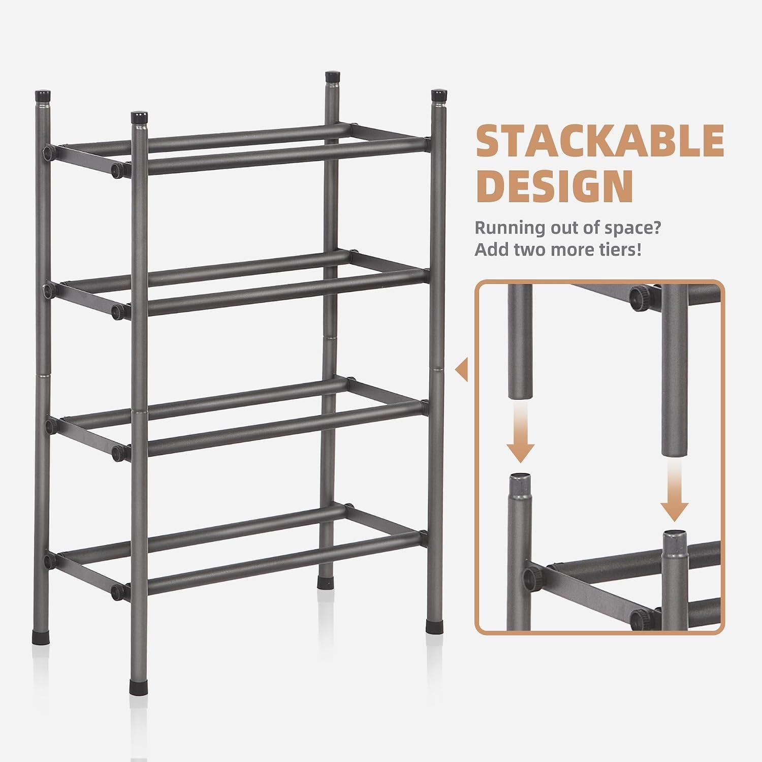 Expandable 2-Tier Shoe Rack, Adjustable Metal Organizer for 8 Pairs of Shoes, Stackable Design for Entryway, Hallway, and Garage, Black