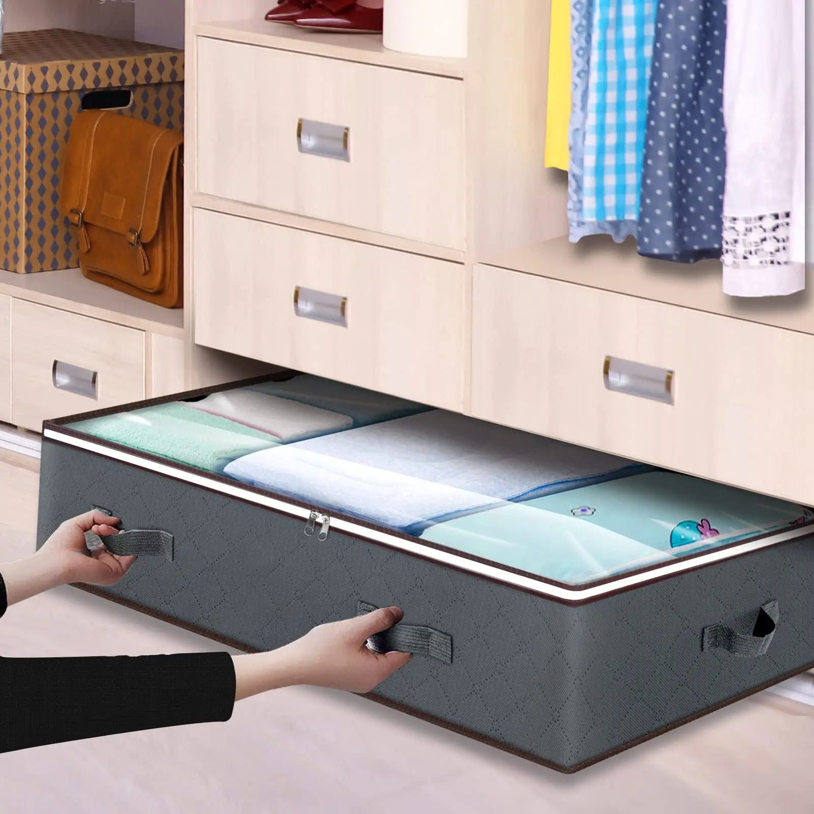 3 Pack under Bed Storage Container Organizer Large Capacity under Bed Clothes Storage Box Foldable Storage Bag with Clear Window