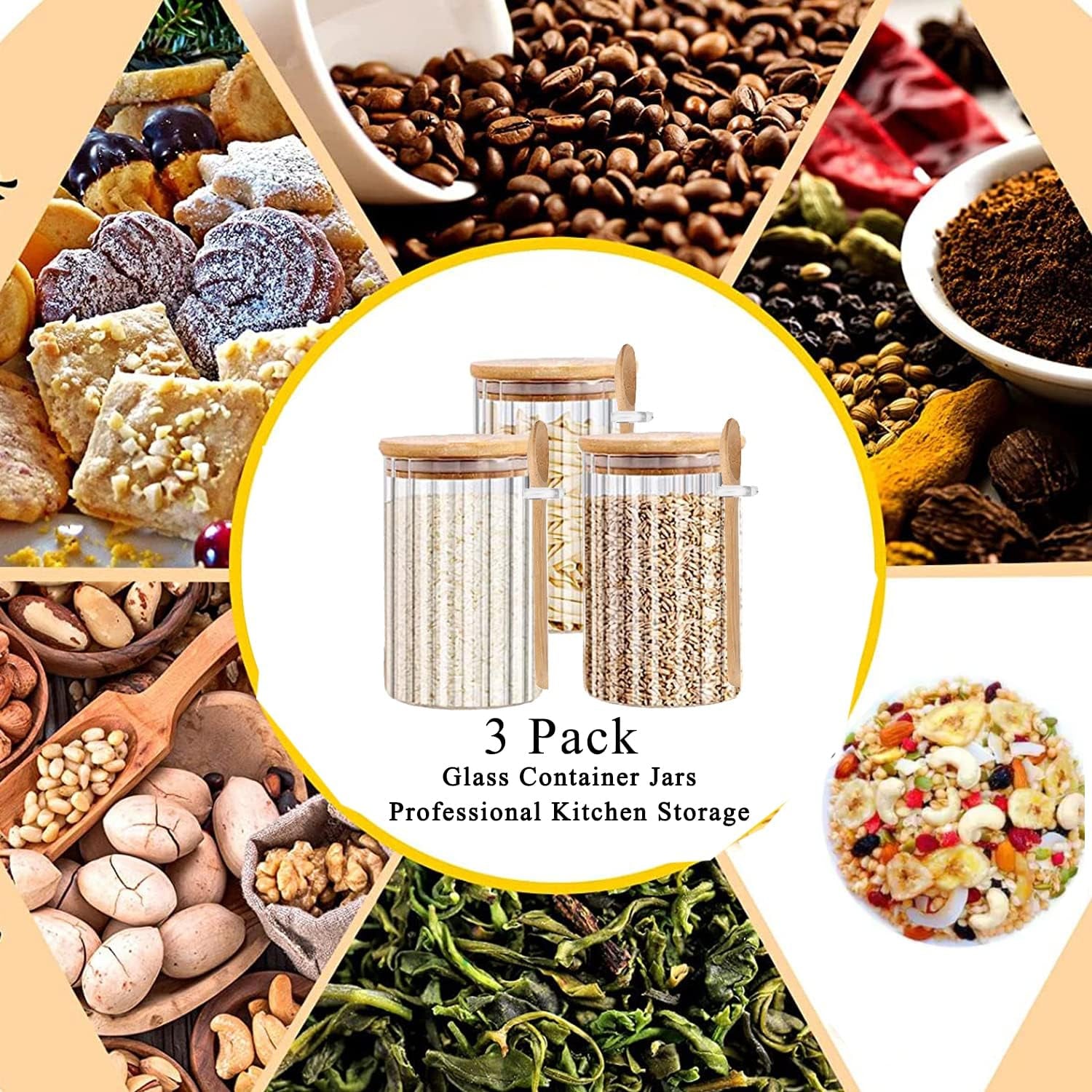 24 FL OZ Airtight Glass Jars with Bamboo Lids Spoons Coffee Canister, 3Pack