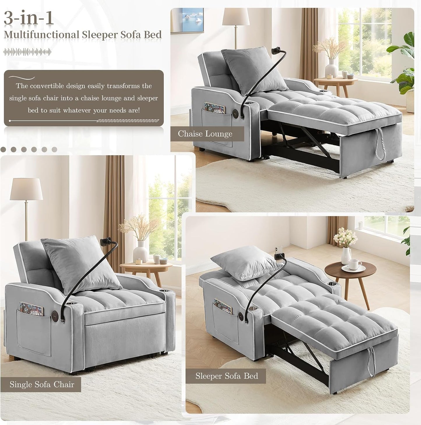 Convertible Velvet Futon Sleeper Chair Bed with Phone Holder and USB Ports, Adjustable Recliner Armchair for Living Room and Office, Ideal for Small Spaces (Grey)