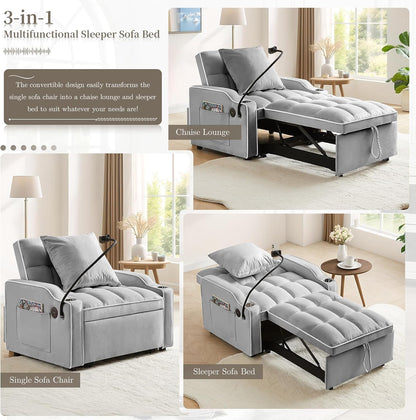 Convertible Velvet Futon Sleeper Chair Bed with Phone Holder and USB Ports, Adjustable Recliner Armchair for Living Room and Office, Ideal for Small Spaces (Grey)