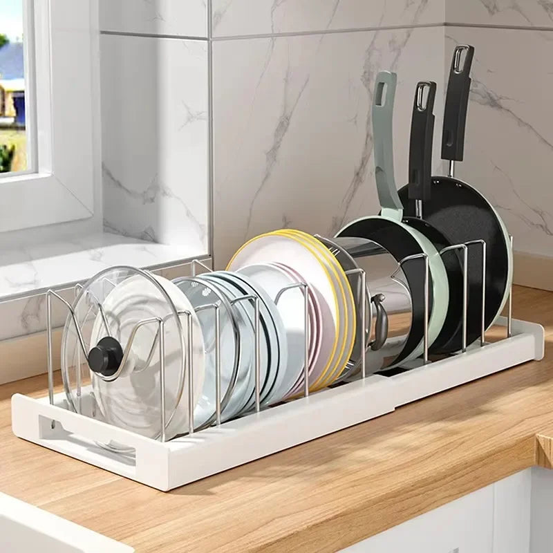 Expandable Pans Organizer Rack 7 Adjustable Compartments Dish Storage Rack Pot Lid Organizer Pots Holder Kitchen Utensils Rack