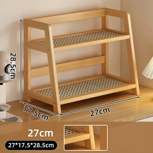 Wooden Storage Shelf for Kitchen Rattan Desktop Organizer Display Rack Spice Rack for Countertop Makeup Organizer