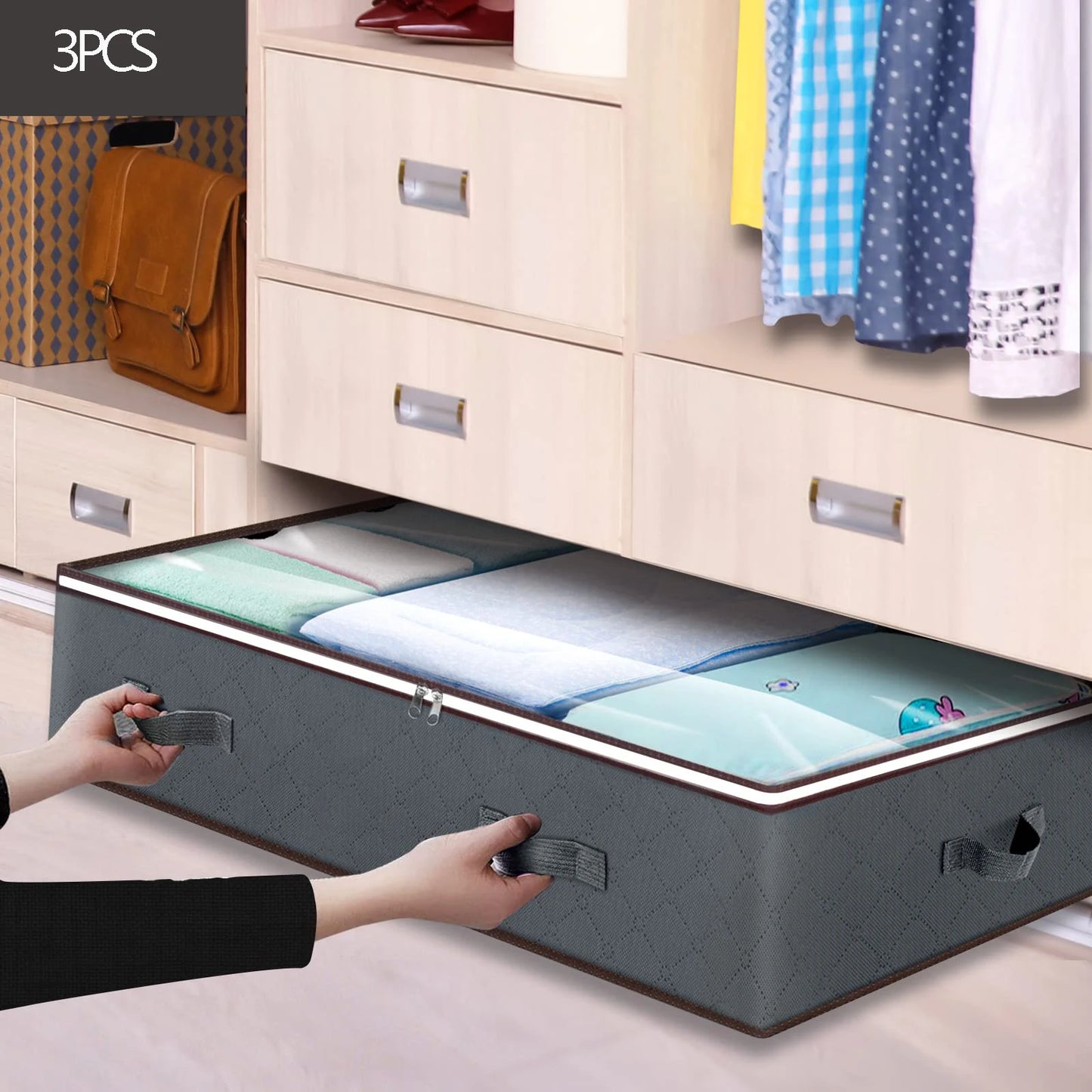3 Pack under Bed Storage Container Organizer Large Capacity under Bed Clothes Storage Box Foldable Storage Bag with Clear Window