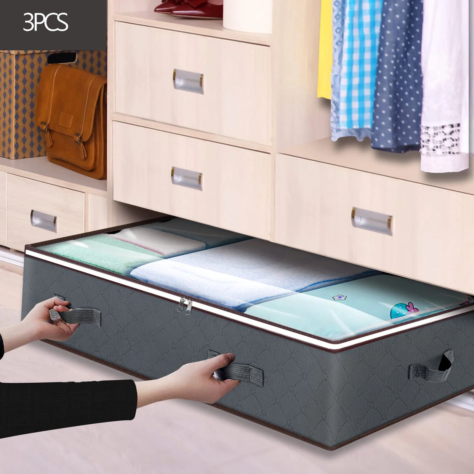 3 Pack under Bed Storage Container Organizer Large Capacity under Bed Clothes Storage Box Foldable Storage Bag with Clear Window
