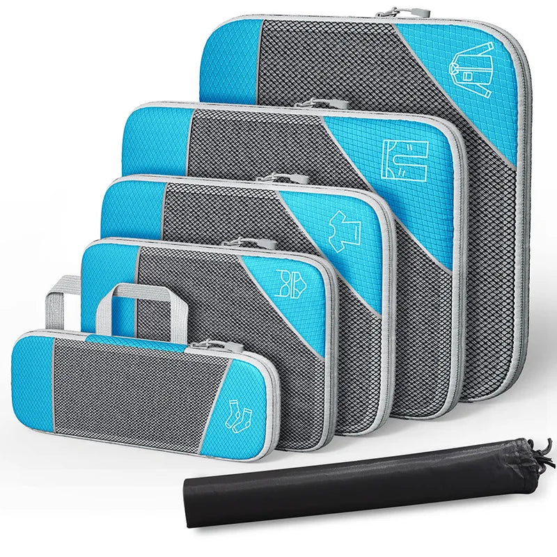 6PCS Travel Compressed Packing Cubes Storage Organizer Set with Shoe Bag Mesh Visual Luggage Portable Lightweight Suitcase Bag
