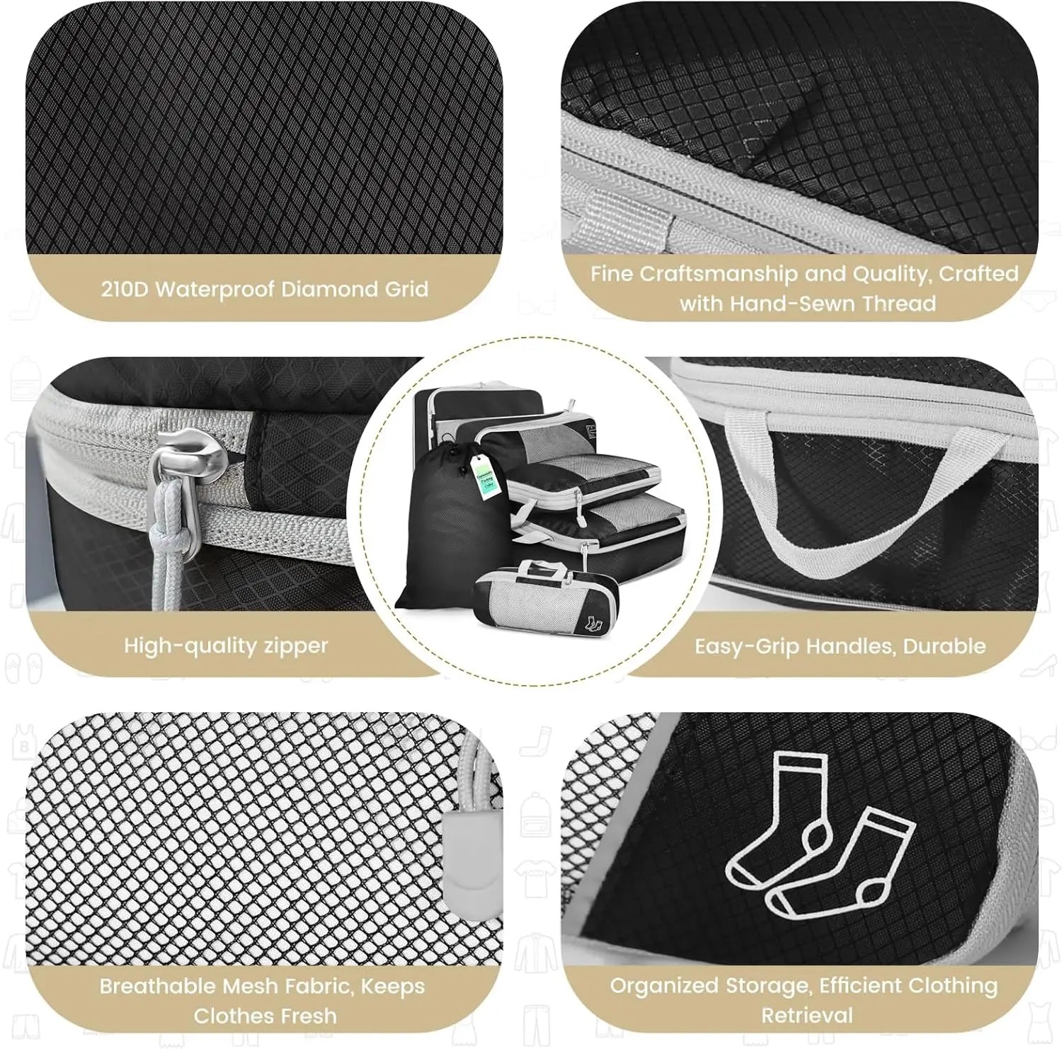 6PCS Travel Compressed Packing Cubes Storage Organizer Set with Shoe Bag Mesh Visual Luggage Portable Lightweight Suitcase Bag