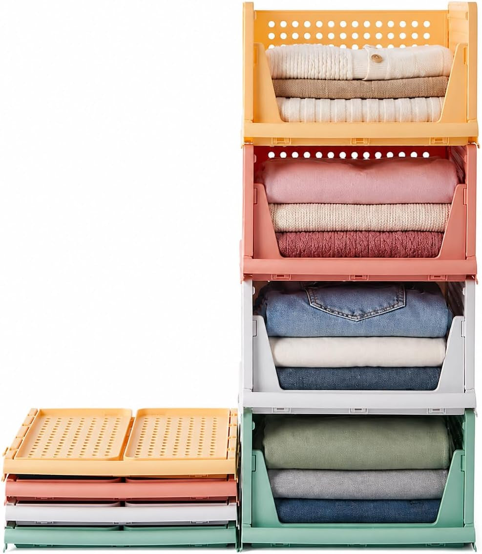 RMAN 4 Stück Kleiderschrank Organizer Schubladenbox Stapelbare Schrank Organizer Kleiderschrank Regal Aufbewahrungsbox Plastik Lagerkisten Trennwand Schublade Für Kleidung, Küchen, Schlafzimmer