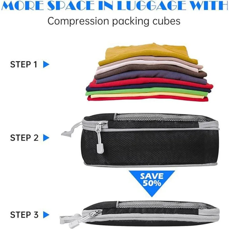 5PCS Travel Compressed Packing Cubes Storage Organizer Set with Shoe Bag Mesh Visual Luggage Portable Lightweight Suitcase Bag
