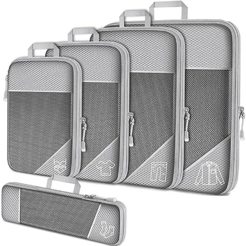 5PCS Travel Compressed Packing Cubes Storage Organizer Set with Shoe Bag Mesh Visual Luggage Portable Lightweight Suitcase Bag