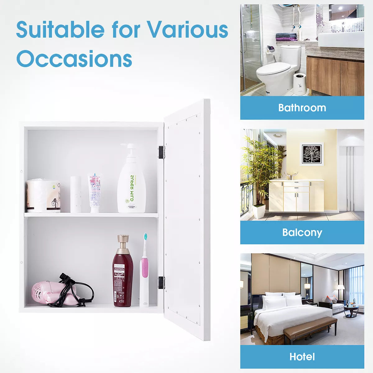 Costway room Mirror Cabinet Wall Mounted Kitchen Medicine Storage Adjustable Shelf