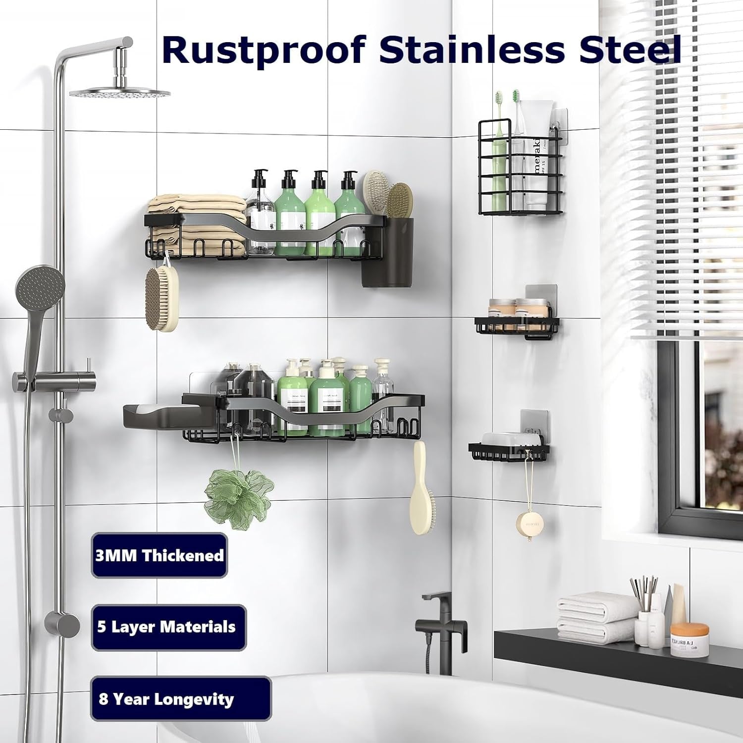 7-Pack Adhesive Stainless Steel Shower Organizer Shelf