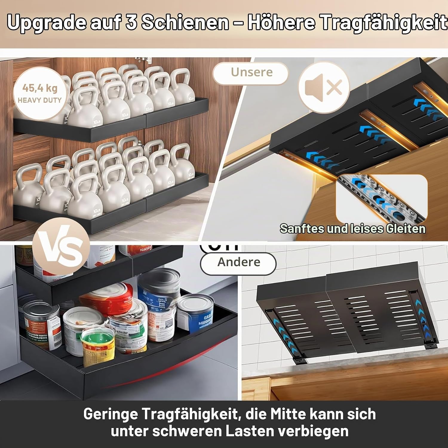 Teleskopschublade Zum Kleben, (53 CM Tiefe) Ausziehbare Schublade Küche, Küchenschubladen Organizer Mit 3-Schienen-System, Slide Out Drawer Kein Bohren Und Nageln Erforderlich, Schwarz, 2 Stück