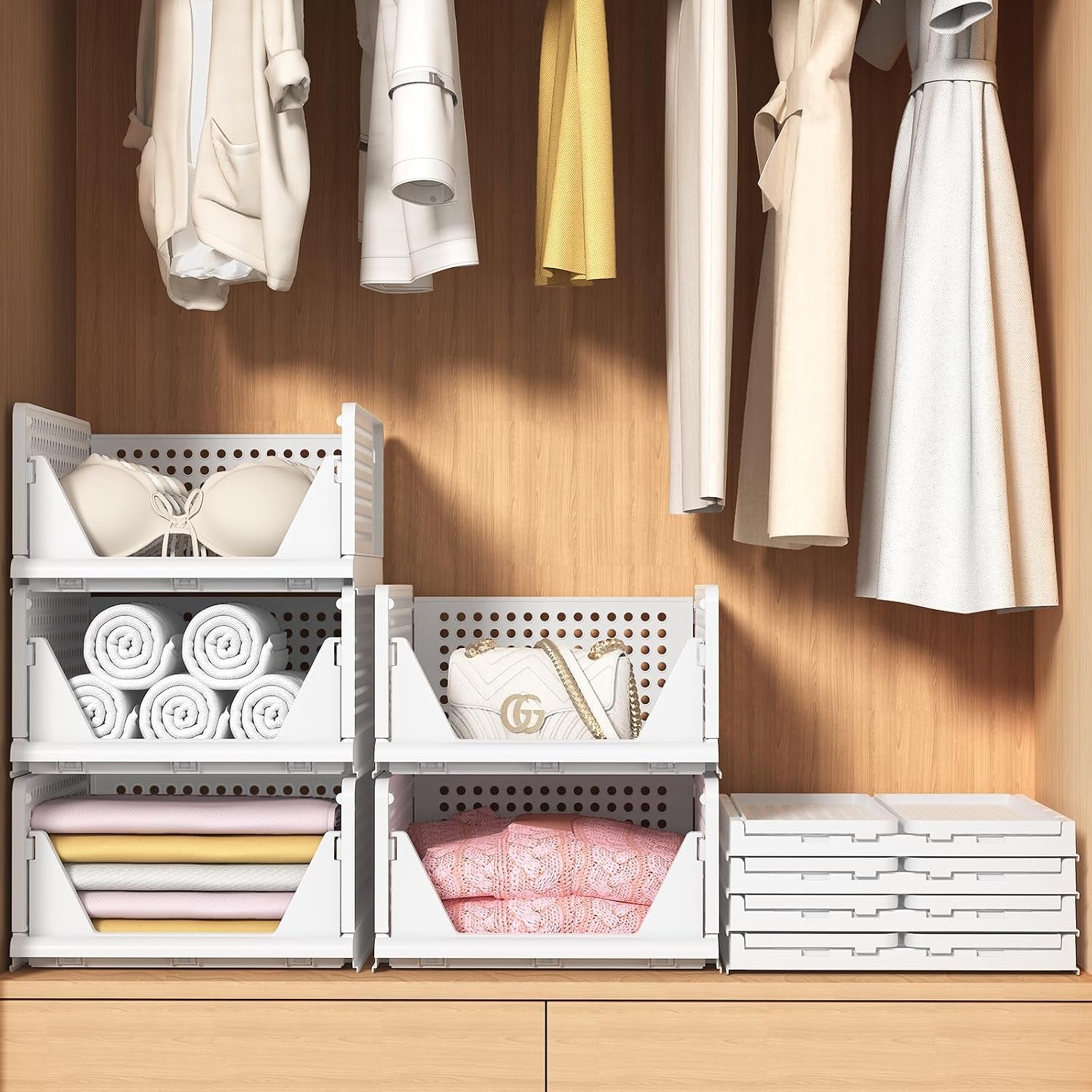 4 Set Faltbaren Kleiderschrank Organizer, Schrank Organizer- Weiß