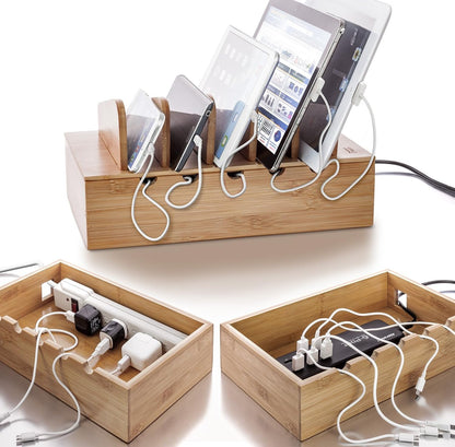 Wooden Charging Station Organizer - 5-Port Base for Phones, Tablets and Laptops - Multi-Device Docking Station with Removable Divider Slots - Cord Box with Cable Management - Bamboo