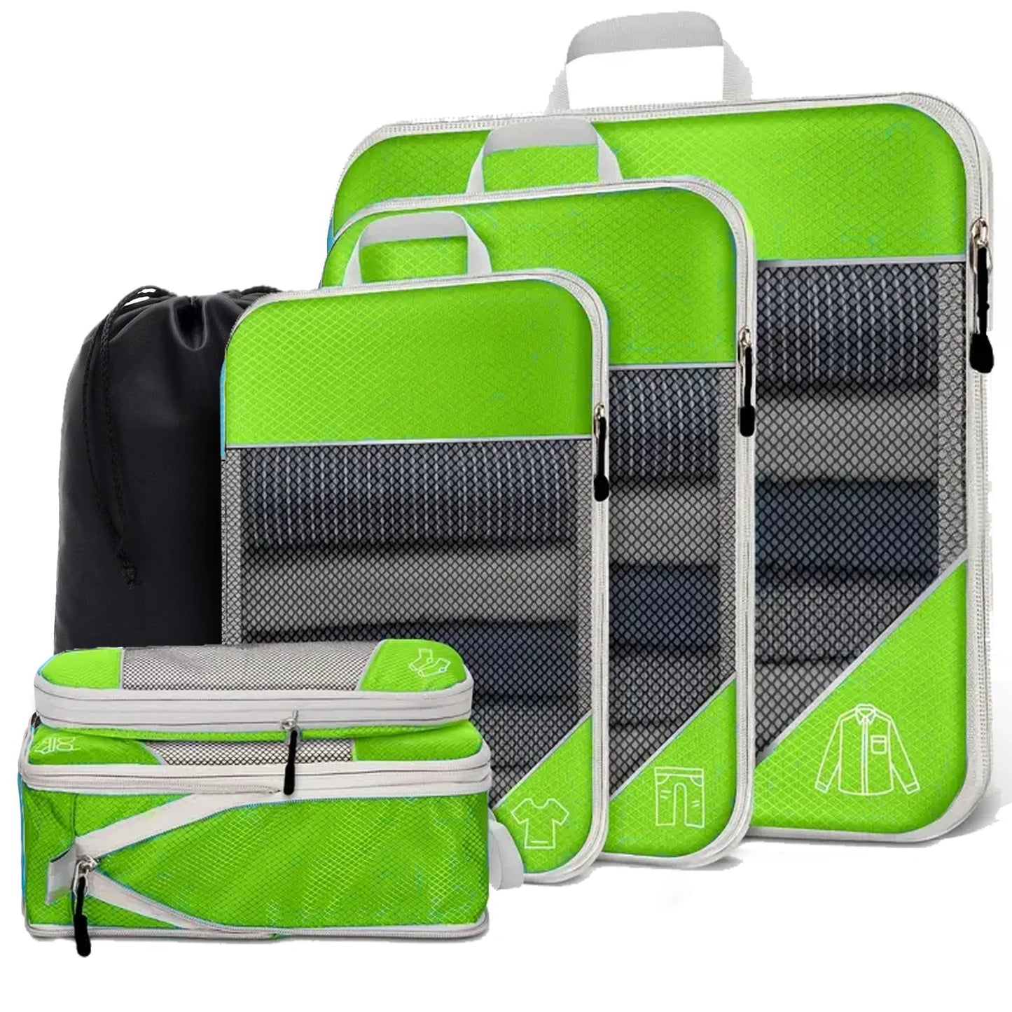6PCS Travel Compressed Packing Cubes Storage Organizer Set with Shoe Bag Mesh Visual Luggage Portable Lightweight Suitcase Bag
