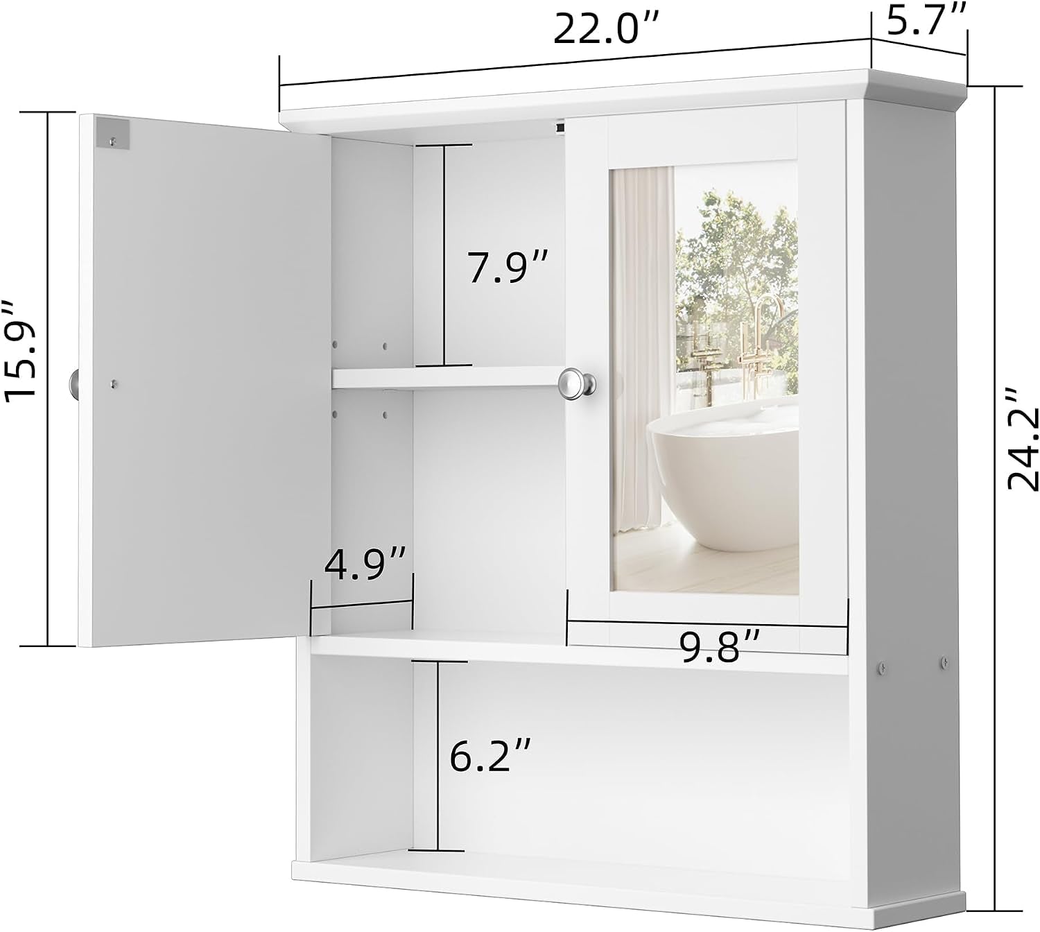 Bathroom Medicine Cabinet with Mirror, Wall Mounted, White