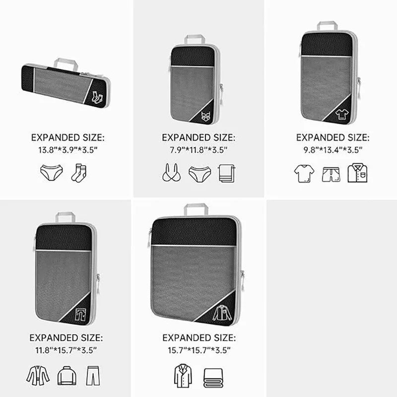 5PCS Travel Compressed Packing Cubes Storage Organizer Set with Shoe Bag Mesh Visual Luggage Portable Lightweight Suitcase Bag