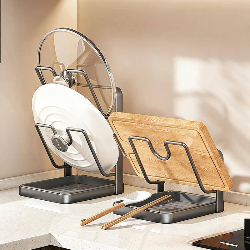 Kitchen Pot Lid Storage Rack Pot Lid Holder with Tray Lid Holder While Cooking Lid and Spoon Rest Kitchen Organizer Stand