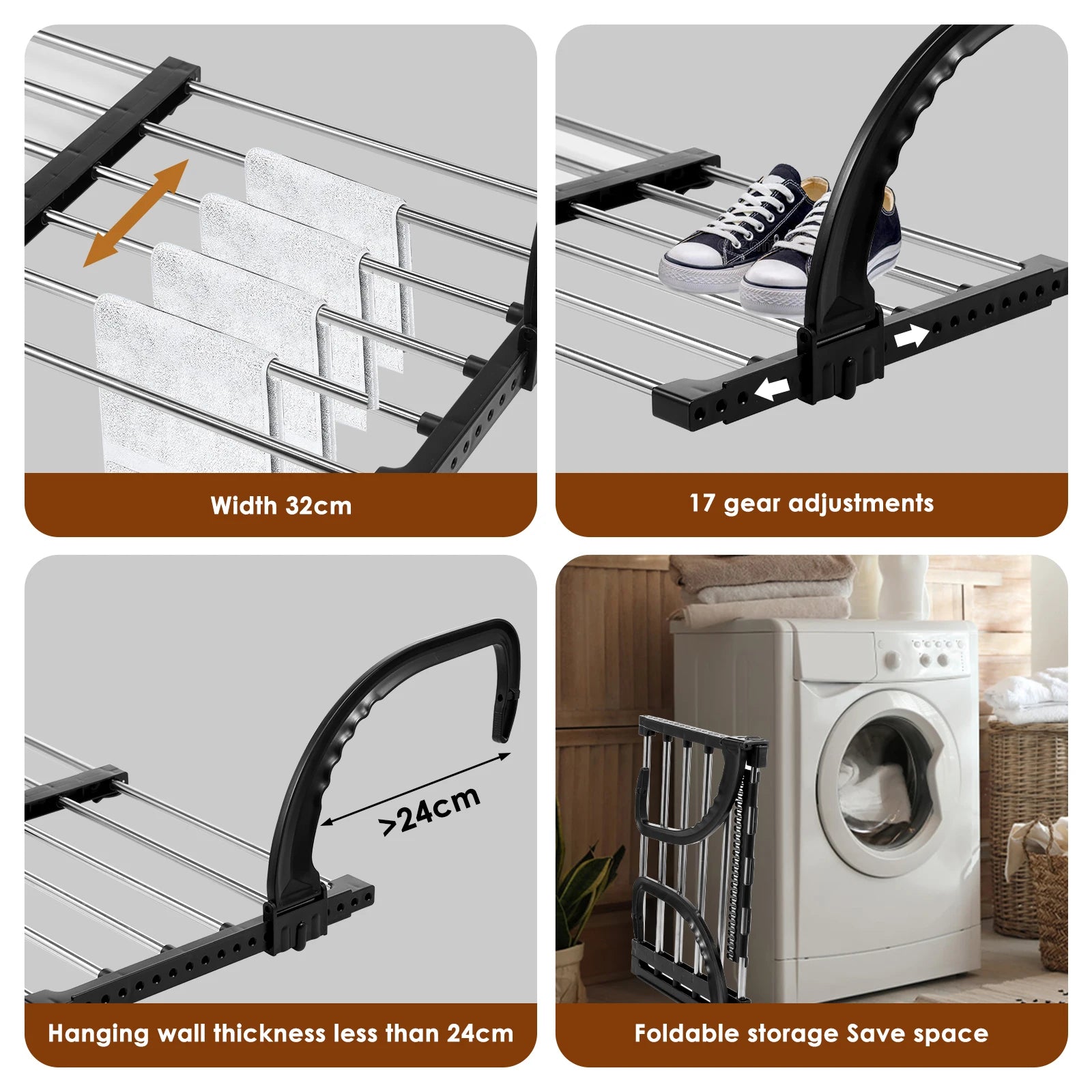New Foldable Radiator Drying Rack Extendable Clothes Drying Hanger Stainless Steel 42-72Cm Shoes Towels Drying Rack for Balcony