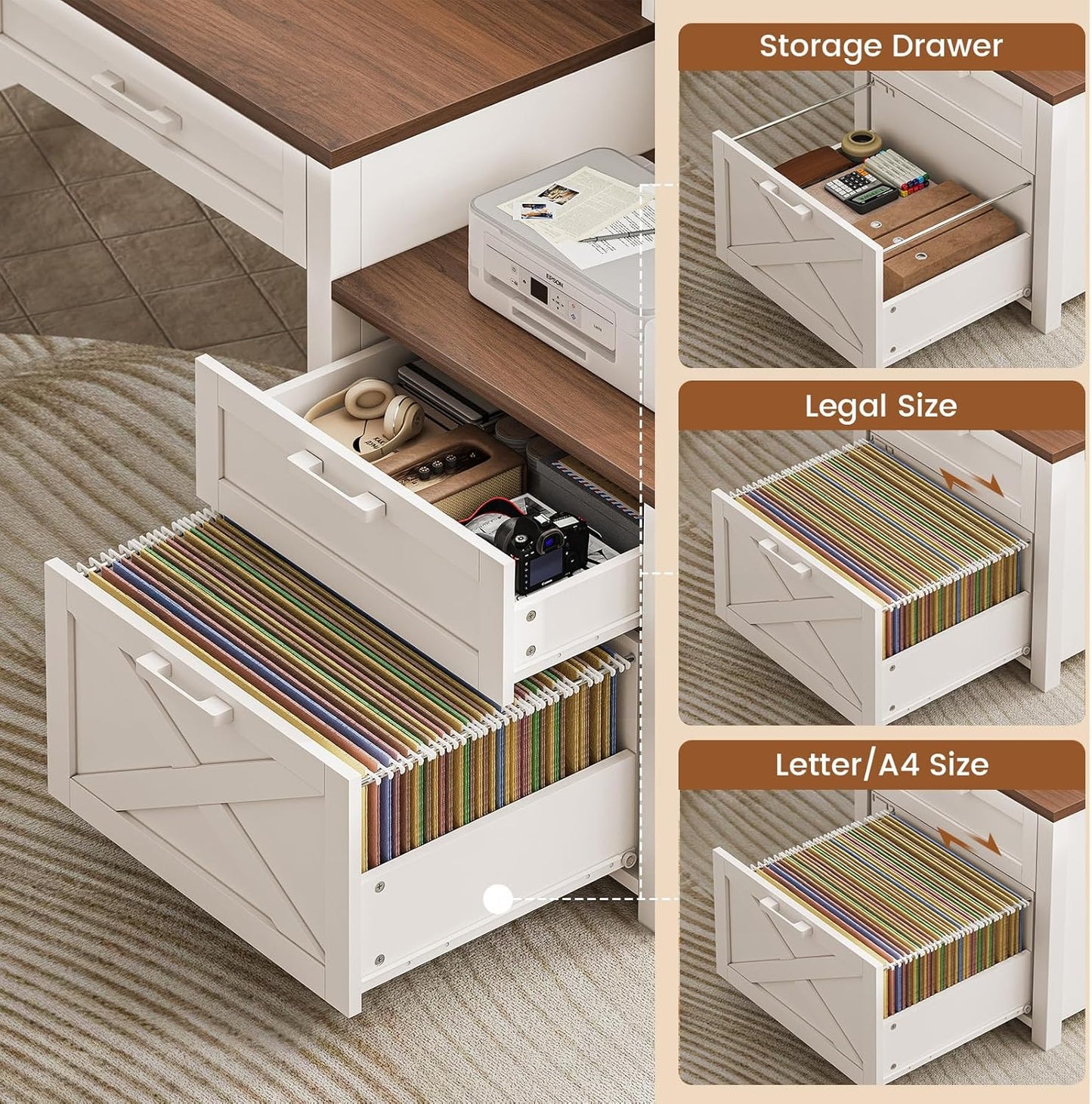 Farmhouse Desk with File Drawer & Printer Cabinet, White Brown
