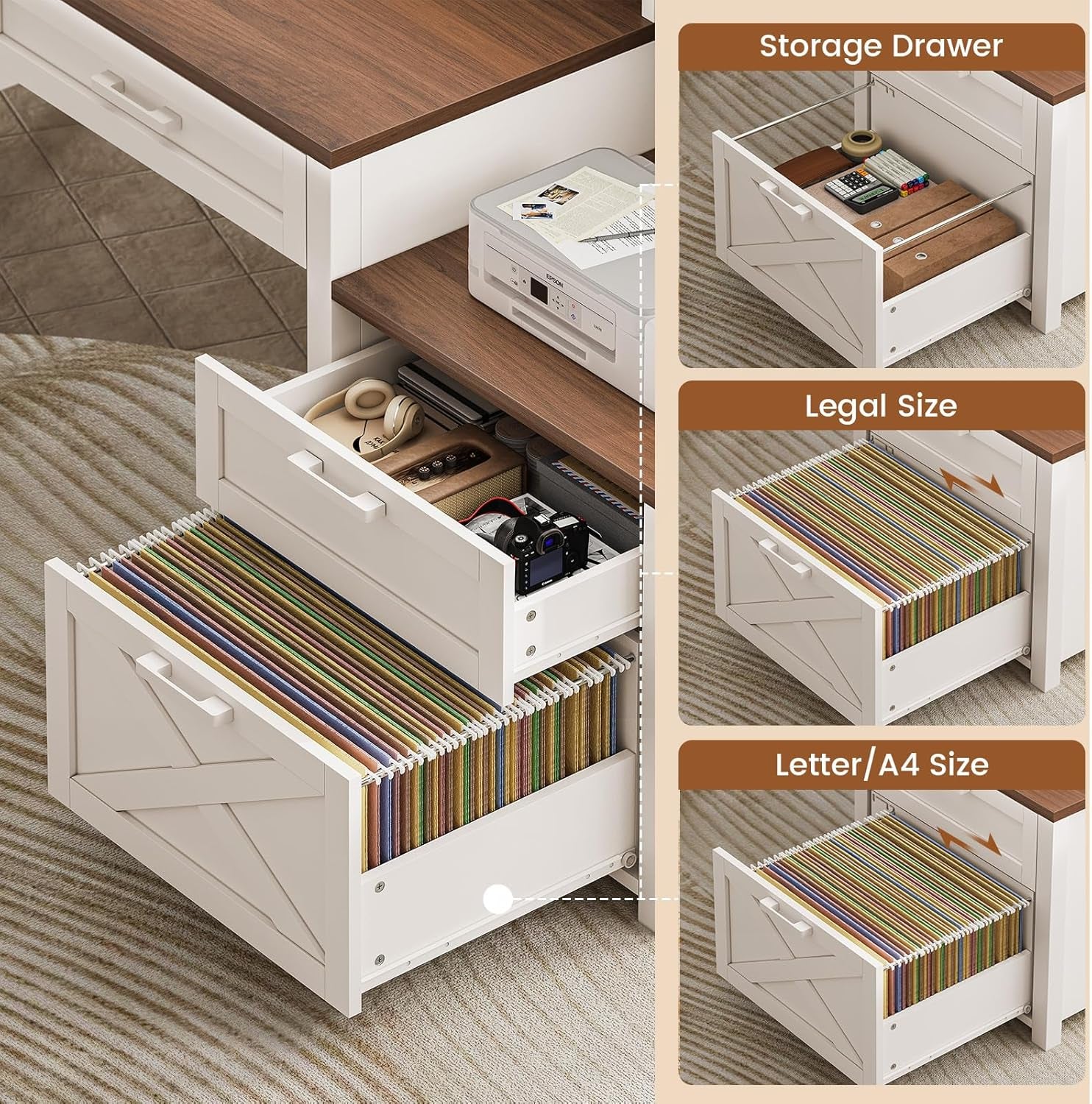 Farmhouse Desk with File Drawer & Printer Cabinet, White Brown