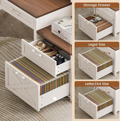 Farmhouse Desk with File Drawer & Printer Cabinet, White Brown