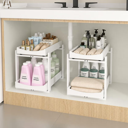 Bamboo under Sink Organizer, 2 Pack Pull Out Cabinet Organizer