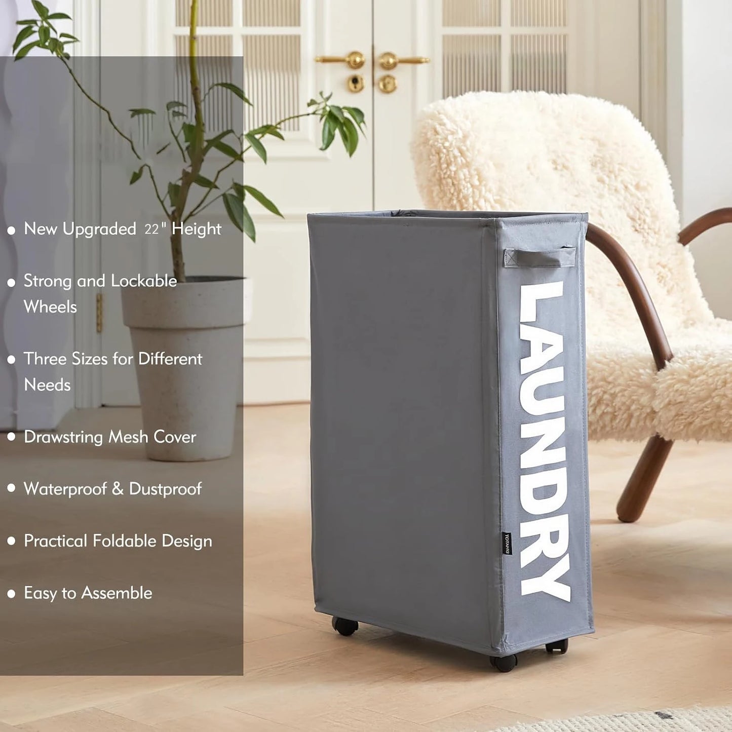 22" Rolling Slim Laundry Basket on Wheels, Foldable Laundry Hamper with Handle, Collapsible Laundry Sorter and Organizer