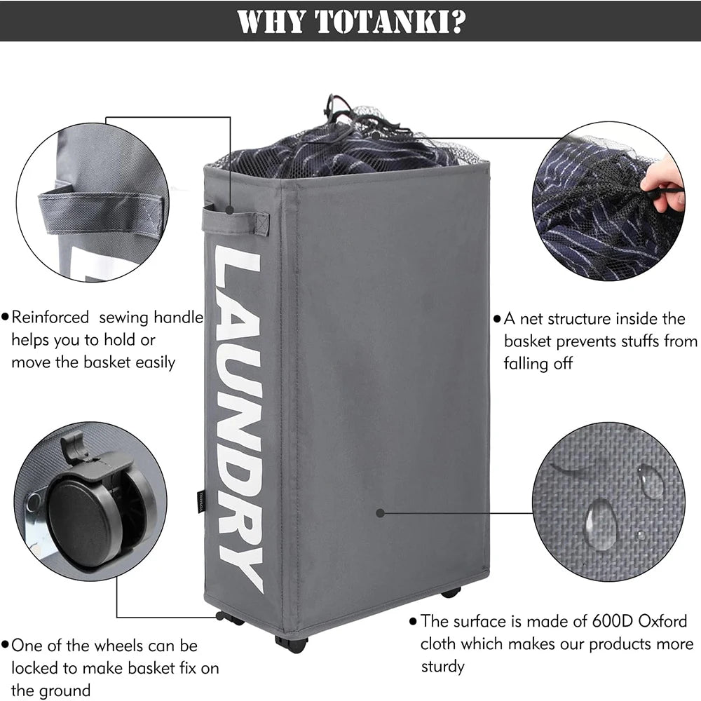 22" Rolling Slim Laundry Basket on Wheels, Foldable Laundry Hamper with Handle, Collapsible Laundry Sorter and Organizer