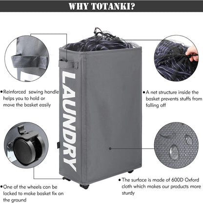 22" Rolling Slim Laundry Basket on Wheels, Foldable Laundry Hamper with Handle, Collapsible Laundry Sorter and Organizer