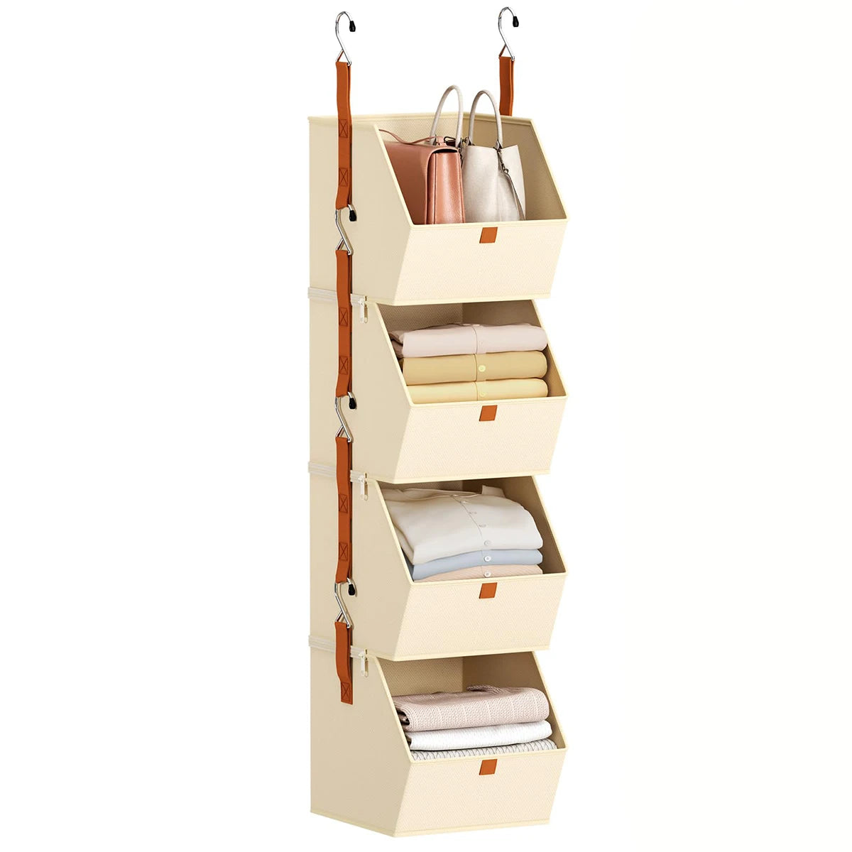 Hanging Closet Organizer 4 Tier - Clothes Hanging Shelves, Space-Saving Closet System, Storage Bins Bedroom Organization