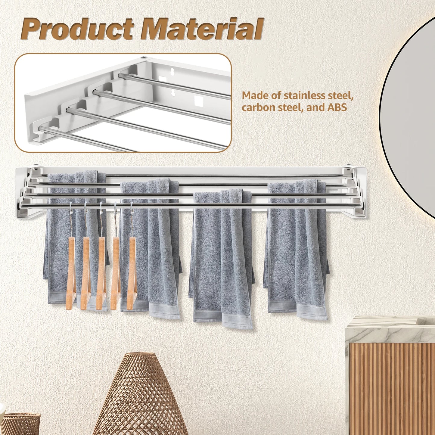 Folding Clothes Drying Rack Wall-Mounted Stainless Steel Laundry Hanger Space Saving for Indoor Balcony Drying Clothe Towel Rack