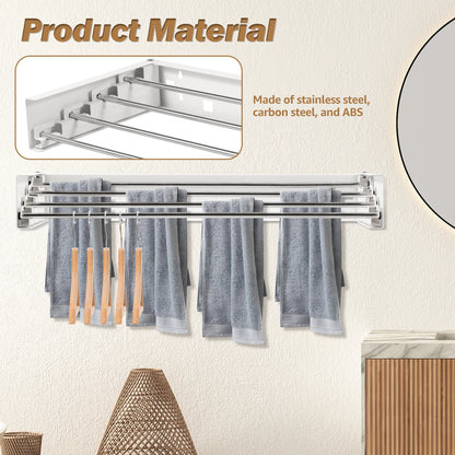 Folding Clothes Drying Rack Wall-Mounted Stainless Steel Laundry Hanger Space Saving for Indoor Balcony Drying Clothe Towel Rack