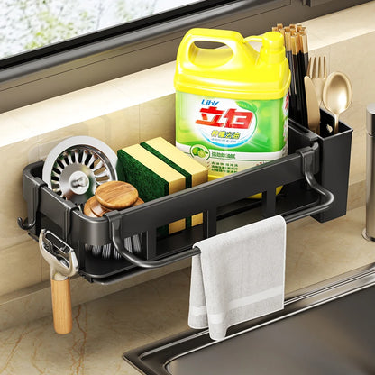Towel Rack with Dish Drying Rack, Kitchen Storage, Wall-Mounted, No Drilling, Household Sink Sponge Holder, Water Basin