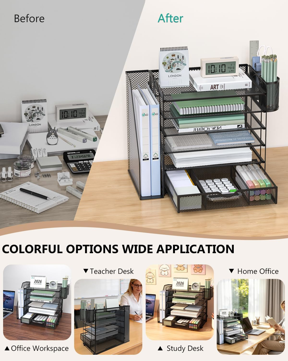 6-Tier Desktop File Organizer with Drawer and Dual Pen Holders - Professional Office and Home Workspace Accessory, Black