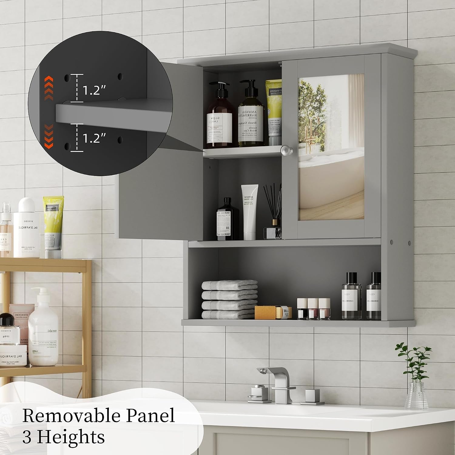 Bathroom Medicine Cabinet with Mirror, Wall Mounted, Gray