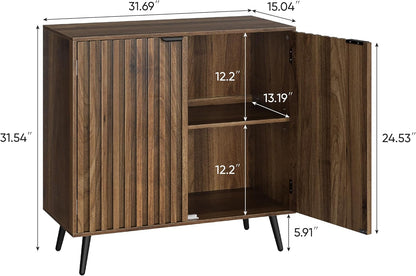 Fluted Sideboard Cabinet, Freestanding Walnut Buffet Cabinet with Adjustable Shelf, Wood Storage Cabinet for Living Room, Entryway, Hallway