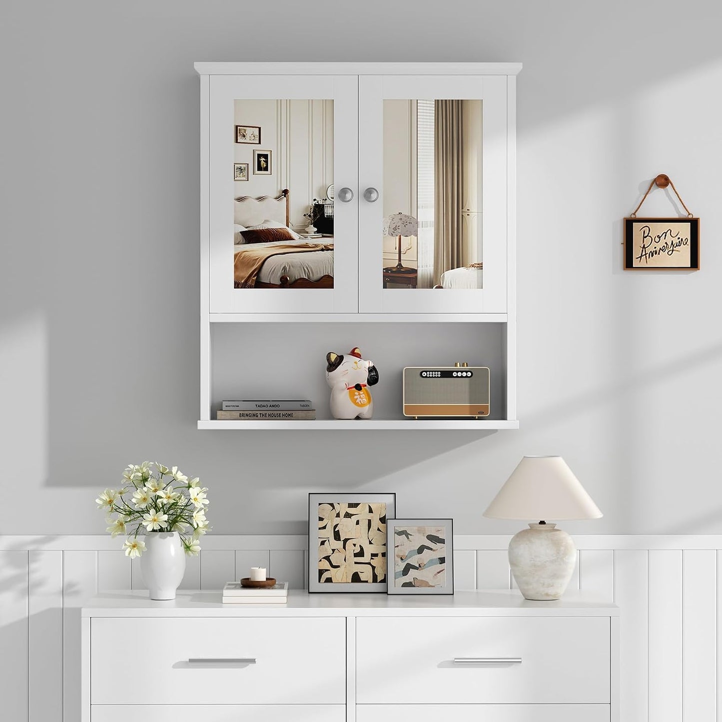 Bathroom Medicine Cabinet with Mirror, Wall Mounted, White