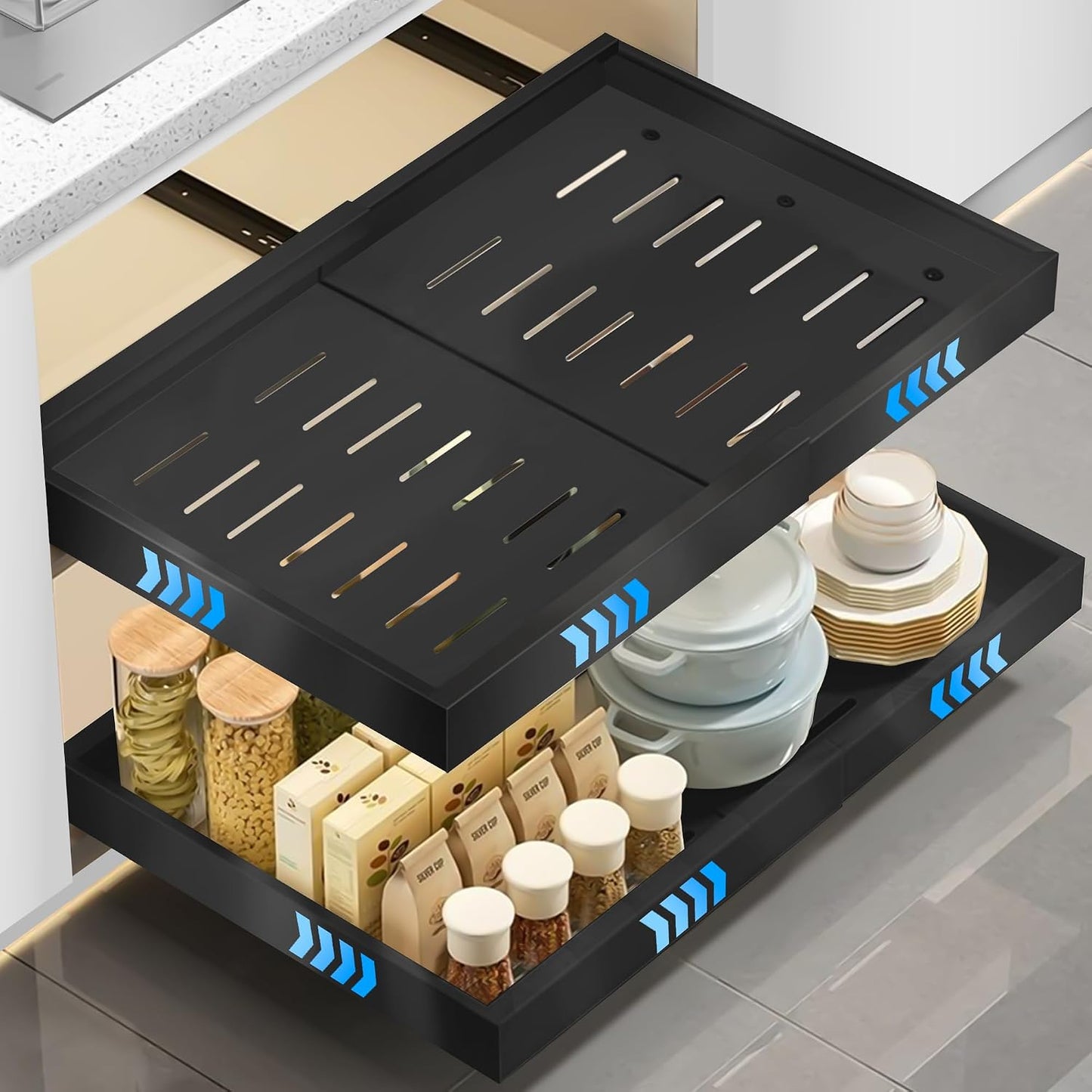Teleskopschublade Zum Kleben, (53 CM Tiefe) Ausziehbare Schublade Küche, Küchenschubladen Organizer Mit 3-Schienen-System, Slide Out Drawer Kein Bohren Und Nageln Erforderlich, Schwarz, 2 Stück