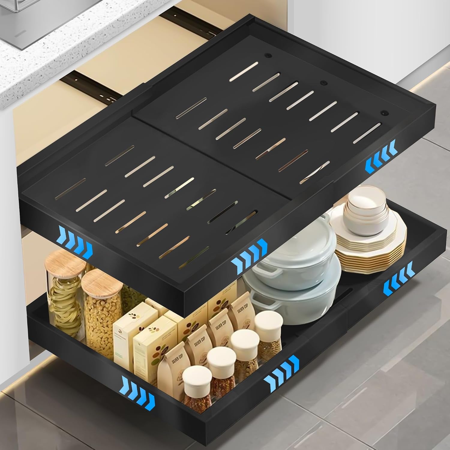 Teleskopschublade Zum Kleben, (53 CM Tiefe) Ausziehbare Schublade Küche, Küchenschubladen Organizer Mit 3-Schienen-System, Slide Out Drawer Kein Bohren Und Nageln Erforderlich, Schwarz, 2 Stück