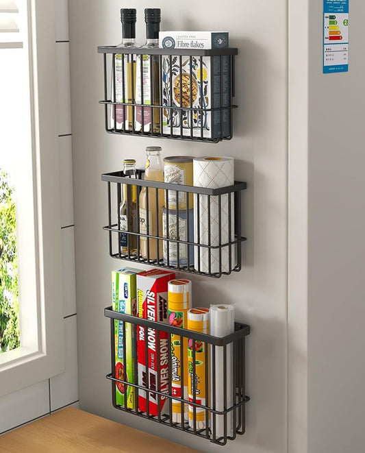 3-Piece Wall-Mounted Storage Box Set for Kitchen Cabinet Doors, Self-Adhesive Organizer for Wardrobe, Bathroom, and Refrigerator (Black)