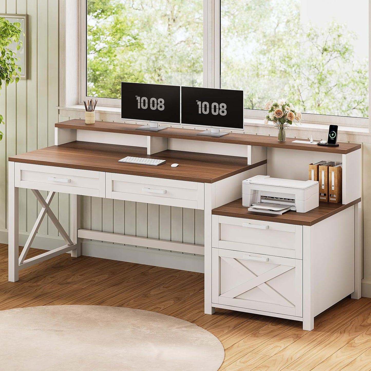 Farmhouse Desk with File Drawer & Printer Cabinet, White Brown