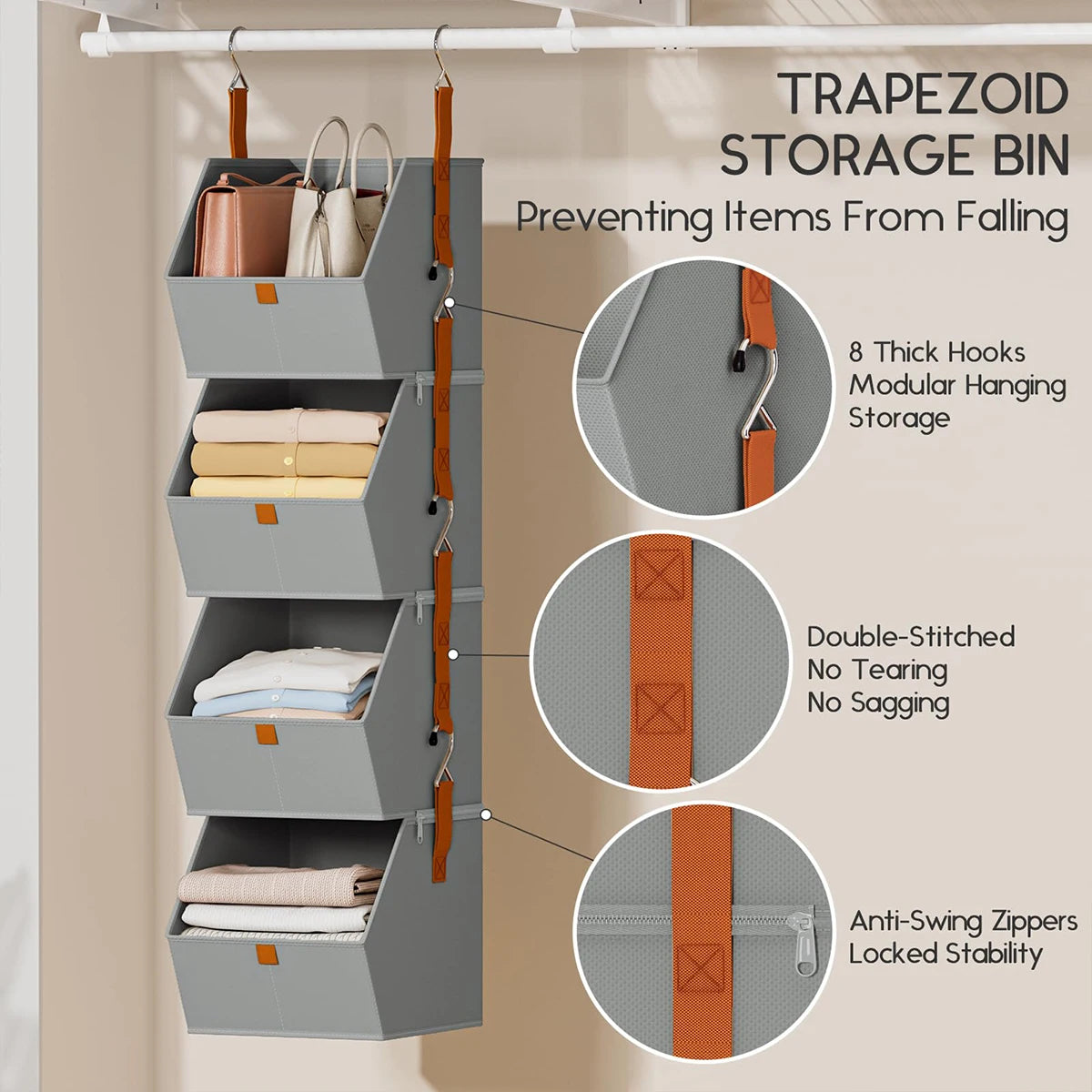 Hanging Closet Organizer 4 Tier - Clothes Hanging Shelves, Space-Saving Closet System, Storage Bins Bedroom Organization