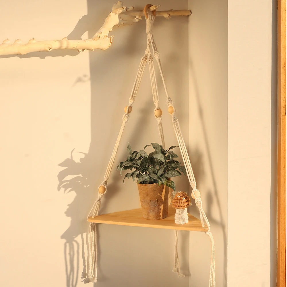 Wooden Wall Shelves Boho Floating Hanging Shelves Macrame Plant Hanger Rustic Farmhouse Wall Decor for Bedroom Room Bathroom
