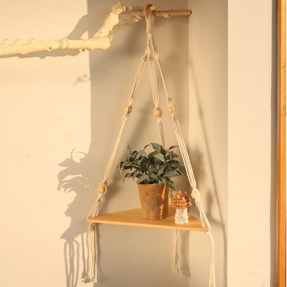 Wooden Wall Shelves Boho Floating Hanging Shelves Macrame Plant Hanger Rustic Farmhouse Wall Decor for Bedroom Room Bathroom